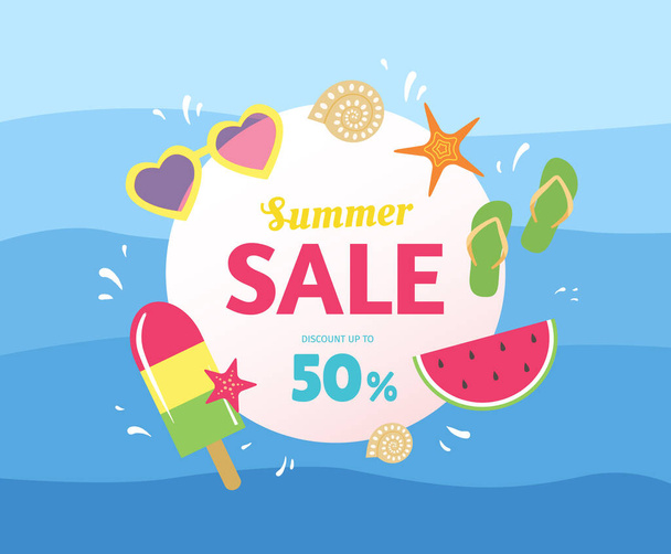 Cute Summer Sale banner ή φυλλάδιο πρότυπο σχεδιασμού με διαφορετικά στοιχεία, όπως παγωτό, καρπούζι, strafish, σαγιονάρες και γυαλιά ηλίου σε μπλε κυματιστό φόντο. Έκπτωση έως 50%. - Διάνυσμα - Διάνυσμα, εικόνα