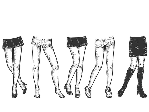 異なる靴や服を持つ女性の足のセット。スケッチスクラッチボードの模倣。黒と白. - 写真・画像