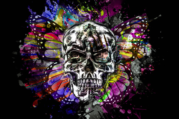 abstract colored artistic skull with butterfly wings, graphic design concept - Photo, Image