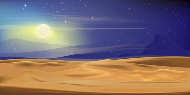Desert landscape with sand dunes, full moon and shining stars and comet falling over sand dunesatat dark night for banner or background in ramadon, vector illusion  - Vector, Image