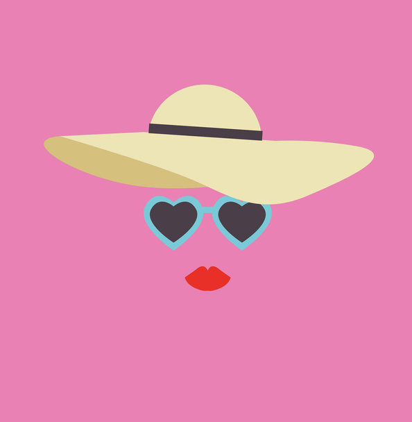 Woman red lips with hearts sunglasses and big hat on a pink background. Cute summer illustration. - Vector - Vector, Image