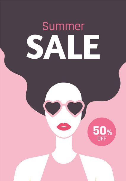 Summer Sale flyer design with beautiful long-haired girl with red lipstic and sunglasses. Stylish young woman. 50% off. - Vector illustration - Vetor, Imagem