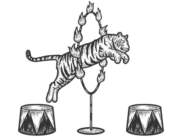 Cirkusz, tigris átugrik egy tűzgyűrűn. Sketch kaparótábla utánzat. - Fotó, kép