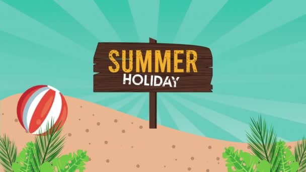 temporada de férias de verão com etiqueta de madeira e balão na praia
 - Filmagem, Vídeo