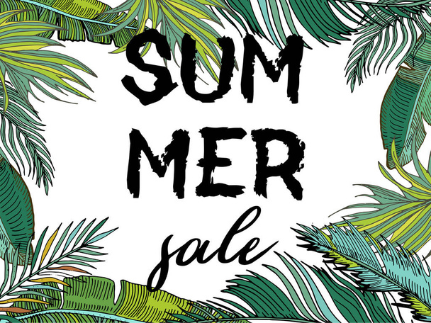 Text Summer  sale, discount banners.Juicy pineapple, citrus with grunge elements, ink drops, tropical plants, abstract background. Vector illustration - Vektor, kép