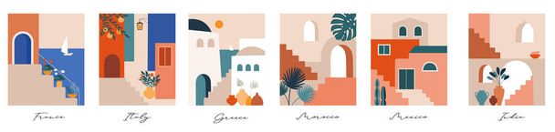 Lugares abstratos, aldeias, pequenas ruas, cidades antigas em Marrocos, México, Grécia e Itália em cores pastel. Ilustrações vetoriais e design
 - Vetor, Imagem
