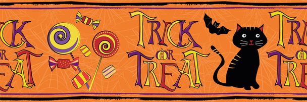 Halloween funky vektor zökkenőmentes határ. Banner fekete macskák, denevérek, cukorka és trükk vagy kezelésére szöveg pókháló textúra narancs háttér. Kézzel rajzolt rajzfilm illusztráció. Szalaghoz, partitermékekhez - Vektor, kép