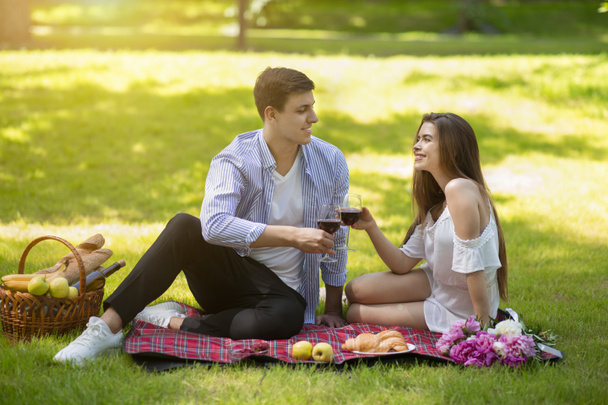 Millennial pareja casada bebiendo vino en el picnic de verano en el campo
 - Foto, Imagen