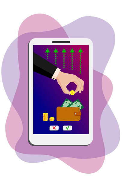 On the smartphone screen, a hand of a business man in a suit puts a golden dollar in a leather purse. Online payments, money transfers, online purchases. Vector on white isolated background. - Vector, Image