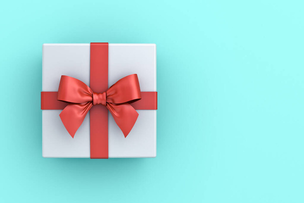 Подарочная коробка или коробка подарков с красной лентой и луком изолированы на зеленом синем пастельном фоне с чистым пространством 3D рендеринга
 - Фото, изображение