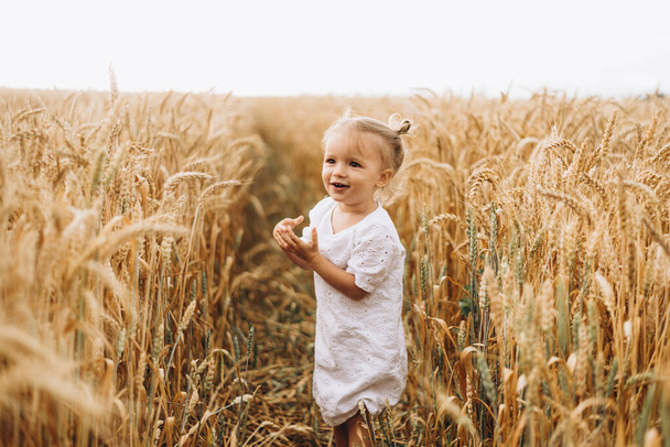 pretty cute baby girl with a beautiful smile wearing summer straw hat in a walk in the  wheat fields. selective focus. family, people concept - Zdjęcie, obraz