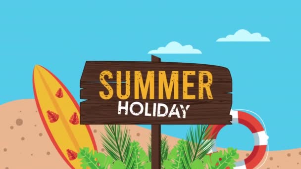 temporada de vacaciones de verano con etiqueta de madera y tabla de surf en la playa
 - Metraje, vídeo