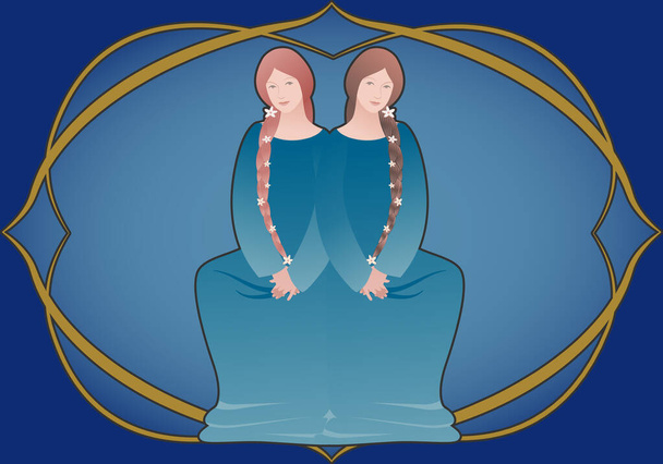Signe du zodiaque. Gémeaux. Deux beaux jumeaux à l'intérieur dans un cadre ornemental. Style médiéval - Vecteur, image