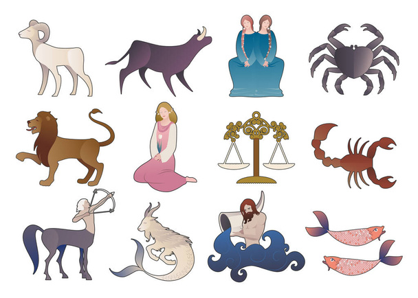Illustrations of zodiac signs collections, medieval style, isolated on white background. - Vector, Image