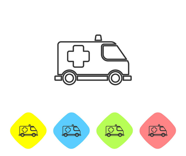Línea gris Icono de ambulancia y coche de emergencia aislado sobre fondo blanco. Evacuación médica de vehículos de ambulancia. Establecer iconos en los botones de rombo de color. Vector
.. - Vector, Imagen