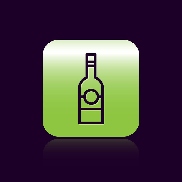 Zwarte lijn Glazen fles wodka pictogram geïsoleerd op zwarte achtergrond. Groene vierkante knop. Vector. - Vector, afbeelding
