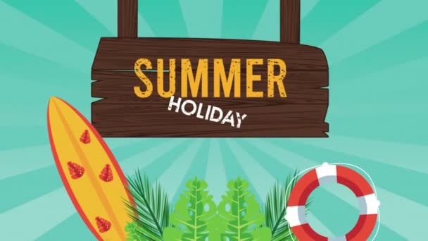 temporada de vacaciones de verano con etiqueta de madera y tabla de surf
 - Metraje, vídeo