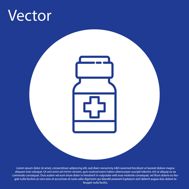 Mavi çizgi ilaç şişesi ve mavi arka planda izole edilmiş ilaç ikonu. İlaç paketi. Tablet, vitamin, antibiyotik, aspirin. Beyaz daire düğmesi. Vektör.. - Vektör, Görsel