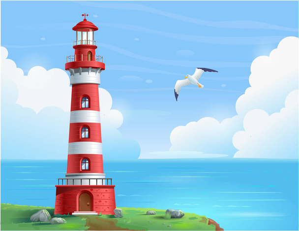 Lighthouse at sea on a sunny day. A lighthouse stands on a rock. Vector illustration - Vecteur, image