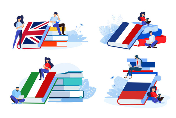 Online language school and courses. Vector illustrations of people in different poses with books for learning a foreign language. Concepts for graphic and web design, marketing material. - Vector, Image