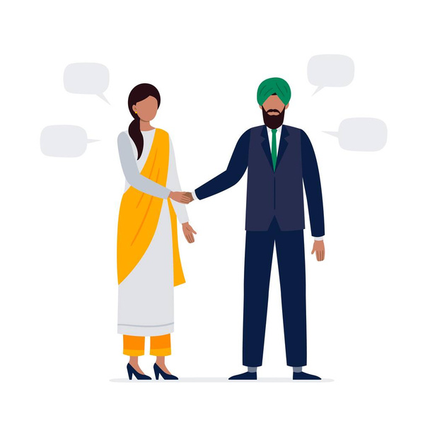 Un Indien et une Indienne se serrent la main. Deux politiciens en costume officiel et des vêtements nationaux ont une réunion d'affaires. Illustration vectorielle plate. - Vecteur, image