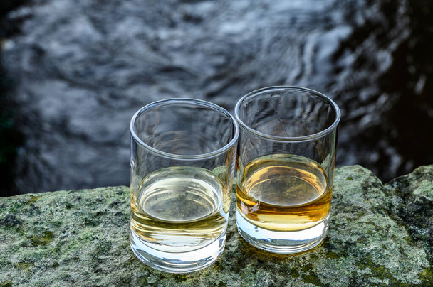 Scotch single malts or blended whisky spirits in glasses with water of river Spey on background, Szkocja, Wielka Brytania - Zdjęcie, obraz