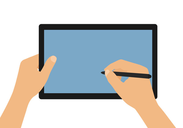 Lapos design rajzfilm illusztráció férfi vagy nő kezét tartó tabletta üres kék képernyőn. Stylus aláírás érintőképernyőn - vektor - Vektor, kép