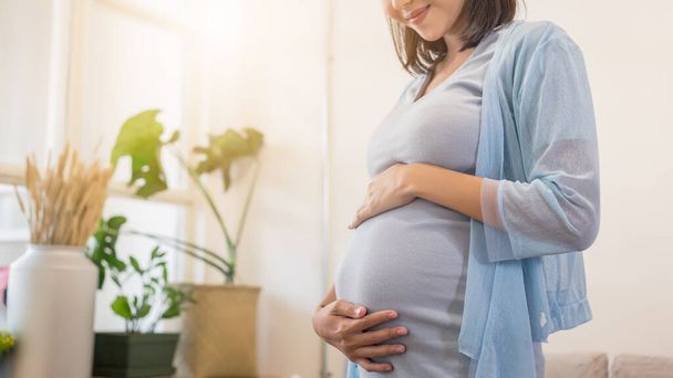 close up de beleza feliz mulher grávida asiática com barriga grande por janela gravidez, maternidade, pessoas e conceito de expectativa
. - Foto, Imagem