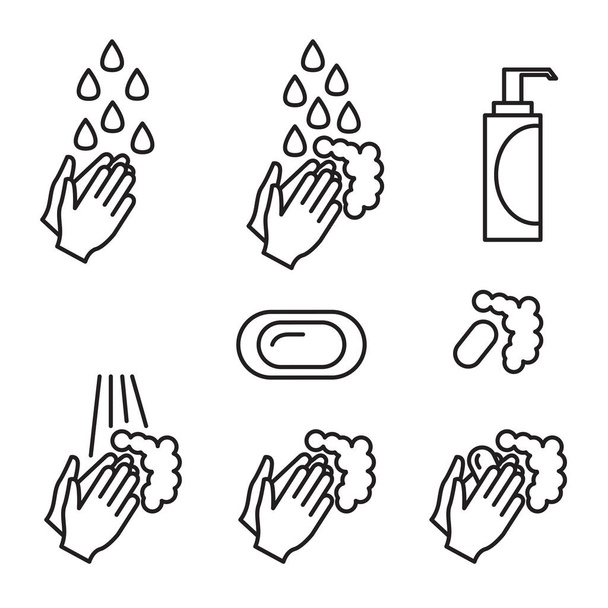 Ensemble d'icône de lavage des mains. Les mains savonnées sont lavées à l'eau. Illustration vectorielle linéaire isolée sur fond blanc. - Vecteur, image