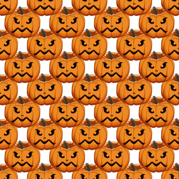 Kuvitus teema iso värillinen kuvio Halloween, saumaton oranssi kurpitsa. Saumaton kuvio koostuu kokoelma kurpitsa, lisävaruste Halloween. Harvinainen kuvio Halloween saumattomasta kurpitsasta. - Vektori, kuva