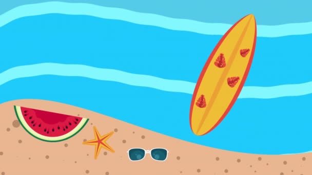 temporada de vacaciones de verano con tabla de surf en la playa
 - Metraje, vídeo