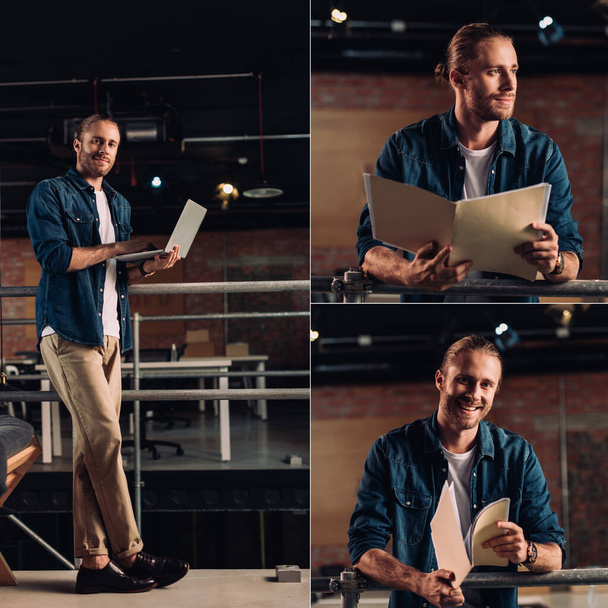 collage of happy businessman standing with laptop and holding folders in office  - Fotografie, Obrázek