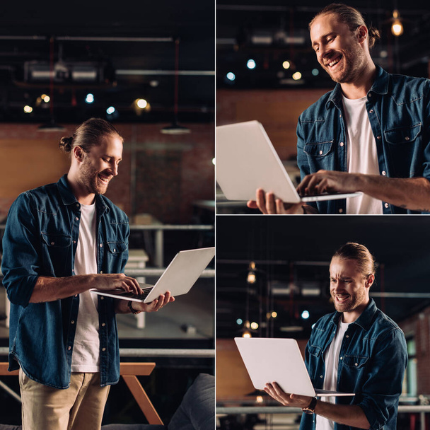 collage of emotional businessman using laptop in office  - Foto, Bild