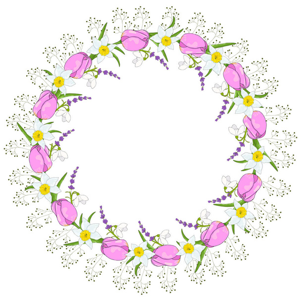 Wreath of lavender, tulip buds, daffodils and snowdrops for celebrate holiday. Vector hand draw  Illustration EPS10 - Vektor, kép