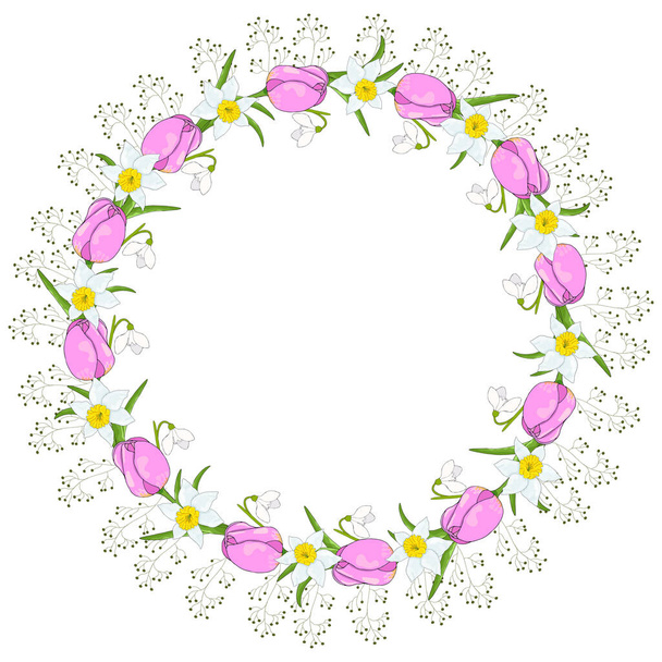 Wreath of buds of tulips, daffodils, delicate greenery and snowdrops for celebrate holiday. Vector hand draw  Illustration EPS10 - Vektor, kép