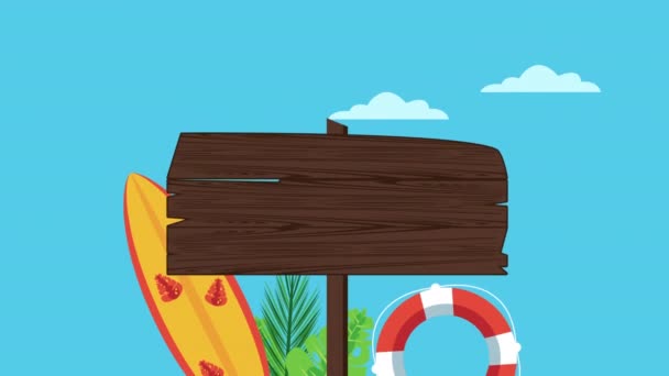 temporada de vacaciones de verano con etiqueta de madera y tabla de surf
 - Imágenes, Vídeo