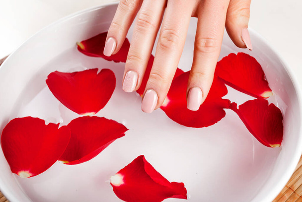 Mädchenhand mit natürlichen Nägeln Farbe berühren Wasser in Schüssel mit rotem Rosenblatt. Maniküre-Konzept. Nahaufnahme, selektiver Fokus - Foto, Bild