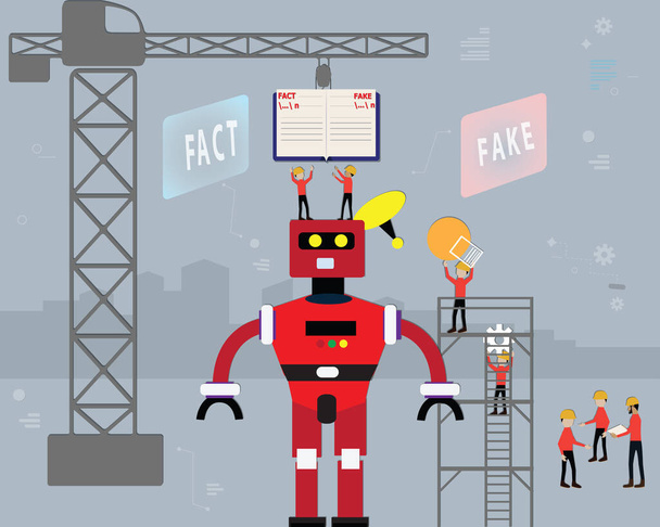 Flat Vector Illustration Machine Learning Konzept mit verwandten Themen und Daten wie Fake News oder Fakten, Künstliche Intelligenz Technologie, Cartoon-Roboter-Konzept - Vektor, Bild