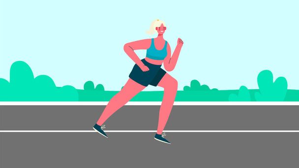 Urheilupukuinen nainen juoksentelee puistossa. Aamulenkillä. Aktiivinen ja terveellinen elämäntapa. Urheilukilpailu, ulkoilu tai liikunta, yleisurheilu. Tasainen sarjakuva värikäs vektori kuva. - Vektori, kuva