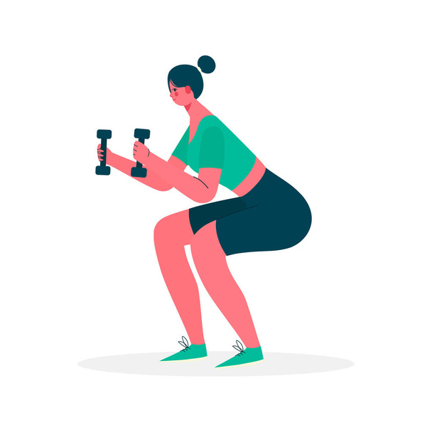 Woman doing exercise squat with dumbbells in sportswear. Woman get perfect butt and legs with exercise. Weight loss. Healthy lifestyle. Woman activities. Vector illustration in flat cartoon style. - Wektor, obraz