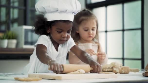 Diverse group of African American and Caucasian girls prepare the dough and bake cookies in the kitchen while learning in the class at school - Filmagem, Vídeo