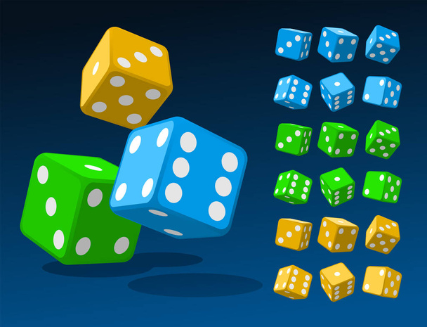 Набор изометрических кубиков. Синие кубики покера, зеленые и золотые кости изолированные векторные иллюстрации. Коллекция игровых приложений и шаблонов казино
 - Вектор,изображение