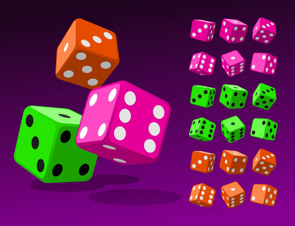 Набор изометрических кубиков. Пимк покер кубики, зеленый и оранжевый кости изолированные векторные иллюстрации. Коллекция игровых приложений и шаблонов казино
 - Вектор,изображение