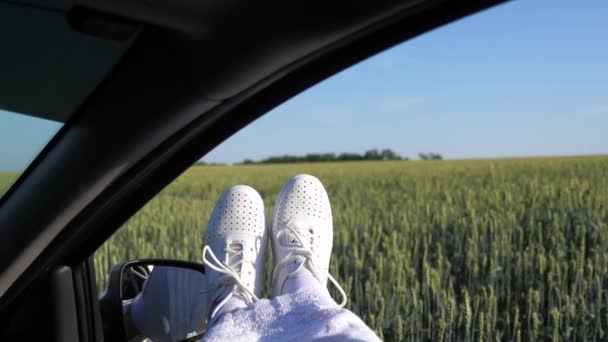 Legs of a girl in car window, riding car on country road past wheat field. free woman travels by car. healthy Young woman enjoys traveling by car, protruding her legs from an open window. travel - Footage, Video