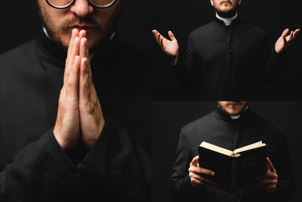 κολάζ του ιερέα κρατώντας την Αγία Γραφή και στέκεται με τα χέρια προσεύχεται απομονώνονται σε μαύρο  - Φωτογραφία, εικόνα