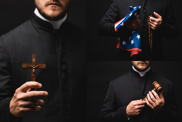 kollázs a pap gazdaság rózsafüzér, amerikai zászló, kalapács és kereszt elszigetelt fekete  - Fotó, kép