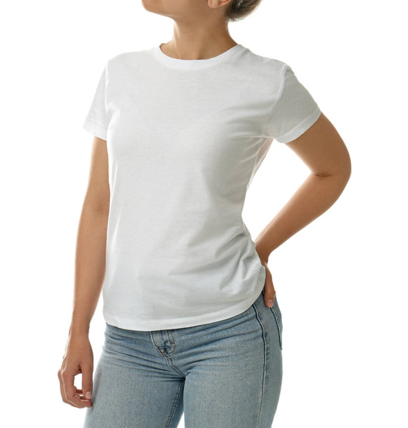 Woman in t-shirt on white background, closeup. Space for design - Foto, imagen