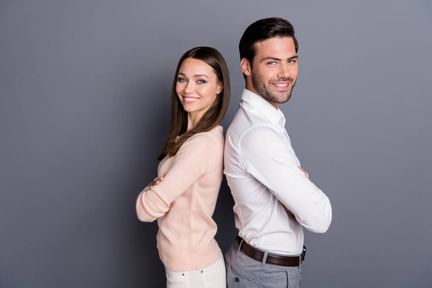 Profile side view portrait of his he her she nice attractive content successful cheerful couple leaders leadership unity coworking folded arms isolated over gray violet purple pastel color background - Photo, Image