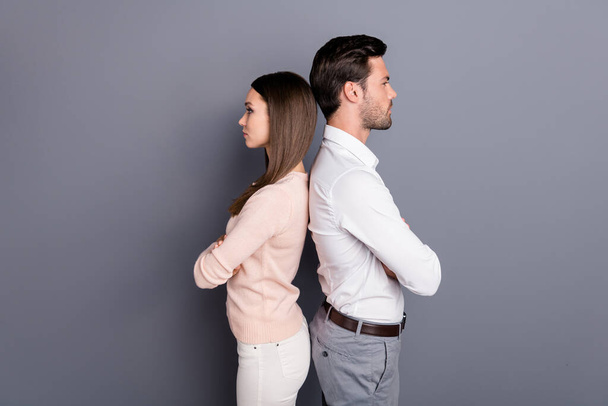 Profile side view portrait of his he her she nice attractive content lovely successful corporate couple partnership folded arms isolated over gray violet purple pastel color background - Foto, Imagem