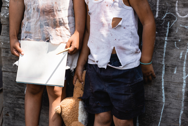 cropped view of poor african american kid in torn clothes standing with sister holding blank notebook  - Photo, image